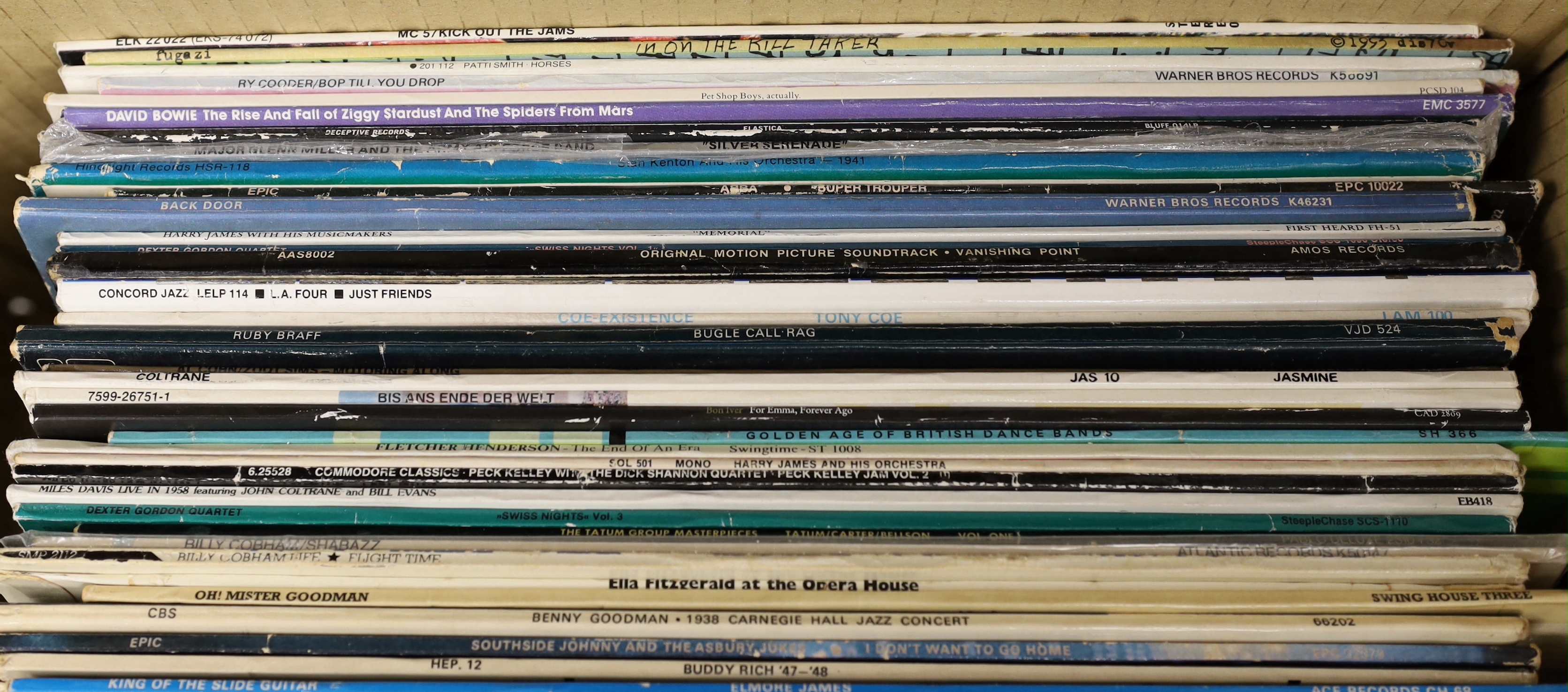 Fifty mainly jazz and pop LPs, including Stan Getz, Dexter Gordon, Dave Brubeck, Buddy Rich, Benny Goodman, Ella Fitzgerald, Art Tatum, John Coltrane, ABBA, David Bowie, Ry Cooder, etc.